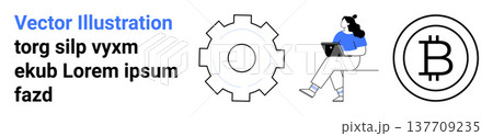 Blockchain systems, cryptocurrency, fintech innovations, remote work, digital transactions, decentralized platforms. Bitcoin symbol, gear icon and seated woman using a laptop. Blockchain systems Blockchain systems, cryptocurrency, fintech innovations, remote work, digital transactions, decentralized platforms. Bitcoin symbol, gear icon and seated woman using a laptop. Blockchain systems 137709235