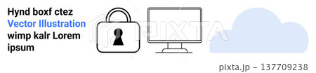 Cybersecurity, data protection, cloud storage, information safety, digital access, network security. Lock symbol, monitor and cloud icon. Data protection and cybersecurity concept 137709238