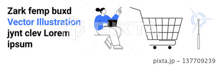 E-commerce, renewable energy, workplace productivity, sustainability, online learning, environmental care. Woman working on a laptop, shopping cart wind turbine. E-commerce and renewable energy 137709239
