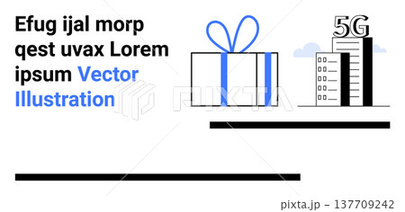 Digital transformation, telecommunications, data services, connectivity, tech growth, packaging concepts. Gift box with blue ribbon, 5G tower. Digital transformation and telecommunications concept 137709242