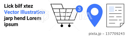 E-commerce, online shopping, navigation tools, digital services, location tracking, and order management. Shopping cart with badge, blue location pin and document icon. E-commerce and online E-commerce, online shopping, navigation tools, digital services, location tracking, and order management. Shopping cart with badge, blue location pin and document icon. E-commerce and online 137709243