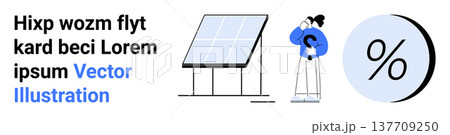 Renewable energy, cost analysis, financial planning, sustainability, eco-friendly living, energy efficiency. Features a solar panel, person holding dollar symbol and percentage icon. Renewable 137709250