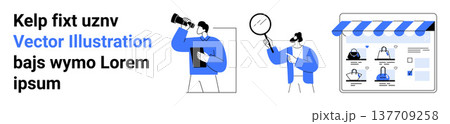 Digital marketing, online shopping, e-commerce, business research, analytics, search tools. Person searching with magnifier, browsing online store. E-commerce and digital marketing concept Digital marketing, online shopping, e-commerce, business research, analytics, search tools. Person searching with magnifier, browsing online store. E-commerce and digital marketing concept 137709258