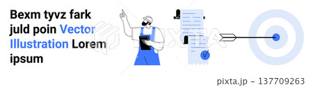 Task management, goal setting, business efficiency, productivity, strategic planning, project success. Worker holding checklist, target with arrow. Task management and goal setting Task management, goal setting, business efficiency, productivity, strategic planning, project success. Worker holding checklist, target with arrow. Task management and goal setting 137709263