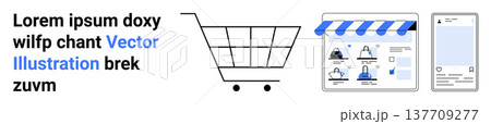 E-commerce, online shopping, retail, digital platforms, user experience, mobile commerce. Shopping cart, storefront and smartphone screen. E-commerce and online shopping 137709277