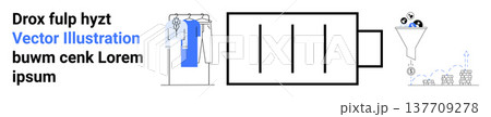 Business workflow, automation, energy processing, production efficiency, system concepts, data analysis. Visual shows a battery, funnel clothing and abstract icons. Workflow and automation concepts 137709278