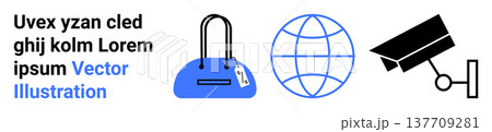 Security, global communication, e-commerce, network connectivity, data privacy, surveillance. Blue handbag, globe grid CCTV camera icons. Security and global communication concepts 137709281