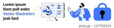 Cybersecurity, remote communication, online identity, secure platforms, digital protection, privacy. A man points to a computer screen with profiles and a lock icon. Cybersecurity and remote 137709324
