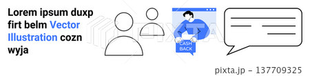Digital communication, customer feedback, cashback, user interface design, client engagement, messaging apps. Person icons, speech bubble and cashback concept . Digital communication and customer 137709325