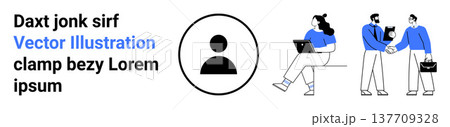 Business communication, teamwork, networking, professional attire, partnership, remote work. Icon with a person symbol, people shaking hands and a woman working on a laptop. Business communication 137709328