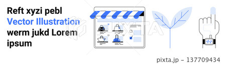 E-commerce, eco-friendly design, technology, user interface, online shopping, digital interaction. A marketplace webpage, a leaf icon and a hand with a smartwatch. E-commerce and eco-friendly design 137709434