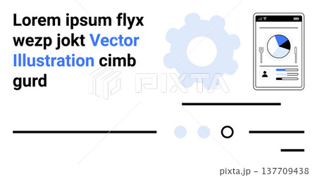 Data analytics, technology, mobile reports, information systems, software design, workflow solutions. Abstract graphic a gear and mobile report. Data analytics and technology concept 137709438