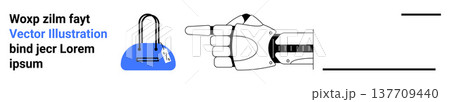 Artificial intelligence, future tech, robotics, fashion trends, product innovation, minimalism. Robotic hand pointing at a blue handbag with a tag. Artificial intelligence and future tech concept 137709440