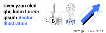 Blockchain, AI, cryptocurrency, data analytics, growth, innovation. Bitcoin chip, neural brain with rain layered data and upward arrows. Blockchain and AI concepts growth Blockchain, AI, cryptocurrency, data analytics, growth, innovation. Bitcoin chip, neural brain with rain layered data and upward arrows. Blockchain and AI concepts growth 137709441
