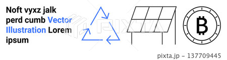 Sustainability, renewable energy, blockchain technology, environmental awareness, smart technology, clean energy. Icons of recycling triangle, solar panel and Bitcoin. Sustainability and renewable Sustainability, renewable energy, blockchain technology, environmental awareness, smart technology, clean energy. Icons of recycling triangle, solar panel and Bitcoin. Sustainability and renewable 137709445