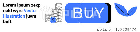 E-commerce, online transactions, financial growth, sustainability, shopping interface, investment. Blue buy button with coins and plant icon. E-commerce and online transaction visual E-commerce, online transactions, financial growth, sustainability, shopping interface, investment. Blue buy button with coins and plant icon. E-commerce and online transaction visual 137709474