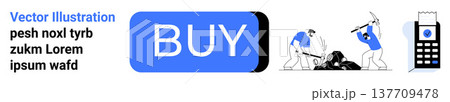 E-commerce, mining industry, payment systems, digital shopping, manual labor, technology. Large blue buy button with mining workers and a card reader. E-commerce and mining industry concept 137709478