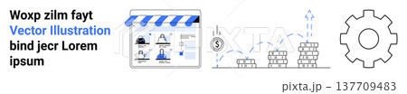 Online business, financial growth, digital marketing, automation, small business, data analytics. storefront, increasing coin stacks and gear icon. Online business and financial growth 137709483