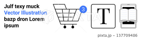 e-commerce platforms, content creation apps, digital libraries, shopping notifications, online reading, UI design. Shopping cart with notification, text icon and open book on screen. E-commerce 137709486