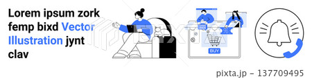 Online shopping, e-commerce platforms, remote work, customer communication, notifications, productivity. A person using a laptop, shopping cart checkout bell icon. Online shopping and notifications Online shopping, e-commerce platforms, remote work, customer communication, notifications, productivity. A person using a laptop, shopping cart checkout bell icon. Online shopping and notifications 137709495