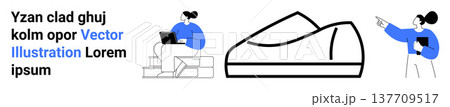 Work environments, productivity, design concepts, creativity, business, teamwork. Women using laptops and presenting ideas with minimalistic shapes. Productivity and design concepts visualization 137709517