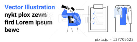 Task management, business strategy, productivity, action planning, team coordination, organization. A person looking through binoculars, checklist clothes on a rack. Task management and business 137709522