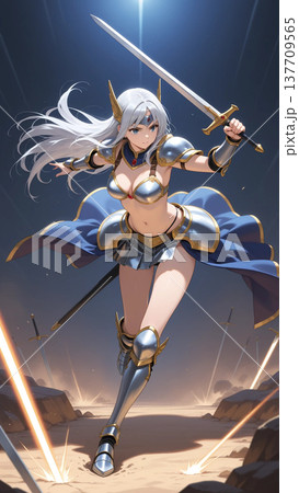 銀髪の女戦士が剣を掲げ、光降る戦場へ勇敢に駆け出す幻想的な一瞬神秘の剣雨が大地に突き刺さる中を進む姿 137709565