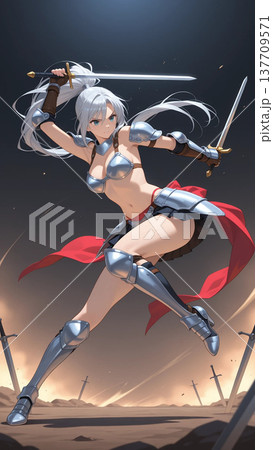 銀髪の女戦士が剣を掲げ、光降る戦場へ勇敢に駆け出す幻想的な一瞬神秘の剣雨が大地に突き刺さる中を進む姿 137709571