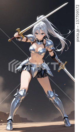 銀髪の女戦士が剣を掲げ、光降る戦場へ勇敢に駆け出す幻想的な一瞬神秘の剣雨が大地に突き刺さる中を進む姿 137709572