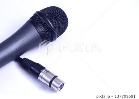 Karaoke singing.Microphone for vocal and cable with connectors XLR canon 137709681