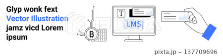 Blockchain technology, online learning, digital tools, authentication, learning management, secure transactions. Monitor showing LMS, blockchain diagram hand holding card. Blockchain and online 137709696