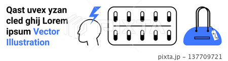 Mental health, pharmaceutical products, healthcare, consciousness, consumerism, shopping. Illustrated head with a lightning bolt, pills and a handbag. Mental health and pharmaceutical products 137709721