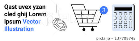E-commerce, financial planning, online shopping, digital transactions, business tools, notification updates. Coin, cart calculator with notification. E-commerce and financial planning concept E-commerce, financial planning, online shopping, digital transactions, business tools, notification updates. Coin, cart calculator with notification. E-commerce and financial planning concept 137709748