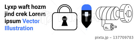 Cybersecurity, digital security, industrial tools, technology, data protection, encryption. Padlock, USB-thumbs up key and gear design in minimal vector format. Cybersecurity and digital security 137709783