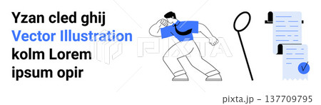 Data analysis, research, business checks, exploration, task validation, productivity. A figure standing with a magnifying glass next to documents checkmarks. Research and task validation concepts 137709795