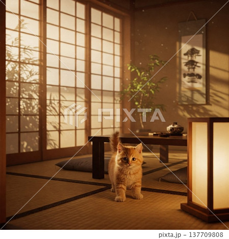 夕日のさす和室のこにゃんこ 夕日のさす和室のこにゃんこ 137709808
