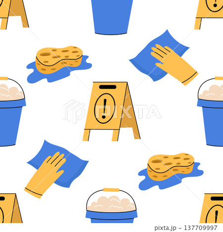 Cute seamless pattern with cleaning supplies - sponge, bucket, yellow gloves, cloth and caution sign Cute seamless pattern with cleaning supplies - sponge, bucket, yellow gloves, cloth and caution sign 137709997