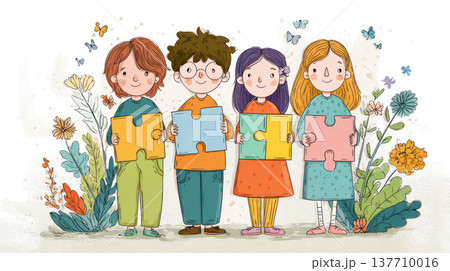 Children stand in a row holding colorful puzzle pieces in their hand, showing support for people with autism. Education in schools and kindergartens 137710016