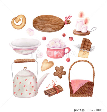 Autumn tea time watercolor clipart set with teapot, basket, sweets, candles, kitchen elements. Cozy fall illustration collection. Autumn tea time watercolor clipart set with teapot, basket, sweets, candles, kitchen elements. Cozy fall illustration collection. 137710036