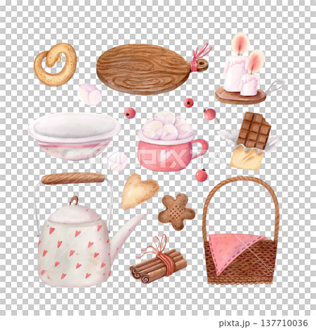 Autumn tea time watercolor clipart set with teapot, basket, sweets, candles, kitchen elements. Cozy fall illustration collection. 137710036