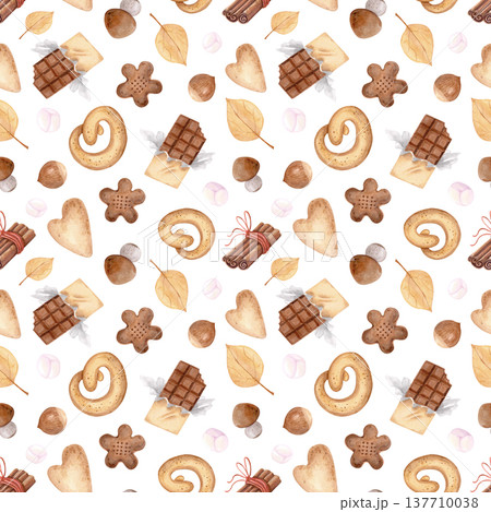 Cozy watercolor seamless pattern with cookies, cinnamon, chocolate, mushrooms, nuts and autumn leaves. Hygge dessert background. Cozy watercolor seamless pattern with cookies, cinnamon, chocolate, mushrooms, nuts and autumn leaves. Hygge dessert background. 137710038