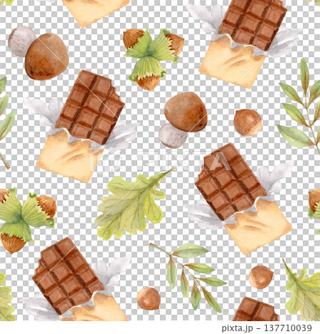Autumn watercolor seamless pattern with sweets, leaves, chocolate, mushrooms and nuts. Cozy seasonal background for textile prints 137710039