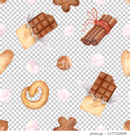 Cozy watercolor seamless pattern with cookies, cinnamon, chocolate, nuts and marshmallows. Hand drawn hygge dessert background. Cozy watercolor seamless pattern with cookies, cinnamon, chocolate, nuts and marshmallows. Hand drawn hygge dessert background. 137710044