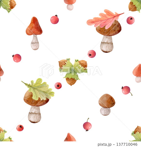 Watercolor autumn seamless pattern with forest mushrooms, berries, leaves and nuts. Cozy woodland fall design for textile prints. Watercolor autumn seamless pattern with forest mushrooms, berries, leaves and nuts. Cozy woodland fall design for textile prints. 137710046