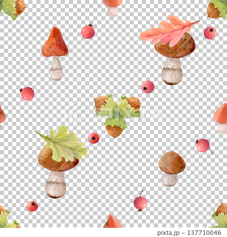 Watercolor autumn seamless pattern with forest mushrooms, berries, leaves and nuts. Cozy woodland fall design for textile prints. Watercolor autumn seamless pattern with forest mushrooms, berries, leaves and nuts. Cozy woodland fall design for textile prints. 137710046