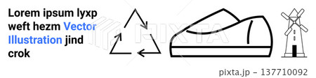 Sustainability, eco-conscious design, renewable energy, recycling, minimalism, concepts. Recycling symbol, shoe design windmill icon. Sustainability and eco-conscious design concepts Sustainability, eco-conscious design, renewable energy, recycling, minimalism, concepts. Recycling symbol, shoe design windmill icon. Sustainability and eco-conscious design concepts 137710092