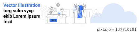 Cloud solutions, digital downloads, online shopping, storage systems, free resources, e-commerce. Box labeled free, clothing on a hanger cloud graphic. Cloud solutions and digital downloads concept 137710101