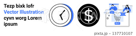 Time management, financial planning, e-commerce, online transactions, digital tools, shopping optimization. Clock, dollar sign and digital shopping cart graphics. Time management and financial Time management, financial planning, e-commerce, online transactions, digital tools, shopping optimization. Clock, dollar sign and digital shopping cart graphics. Time management and financial 137710107