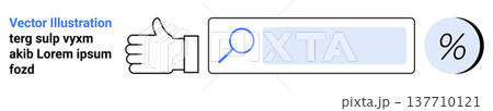 Web searches, browsing, data analysis, digital interfaces, online feedback, business metrics. Search bar with magnifying glass, a thumbs-up sign and a percentage symbol. Web searches and browsing 137710121