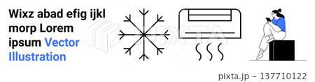 Climate control, air quality solutions, temperature management, energy use, modern living, user comfort. Air conditioning unit, snowflake person on phone. Climate control and air quality solutions 137710122
